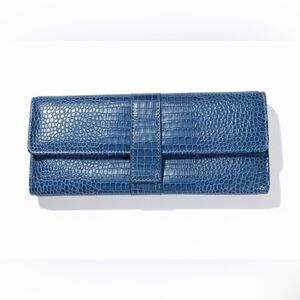 Smythson Turquoise Croc Embossed Jewelry Roll Travel Pouch Case Folio Clutch